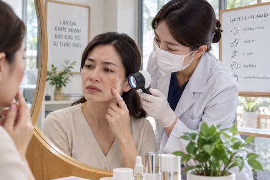 Bác sĩ kiểm tra tình trạng nám da trước khi tư vấn phương pháp trị nám da